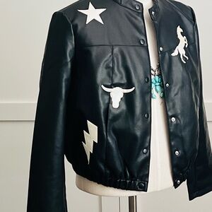 Black Faux Leather Jacket Western Cowboy Design